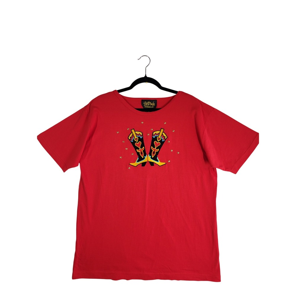 VTG Bob Mackie Wearable Art Embroidered Cowboy Boots Western Cowgirl Red Tee L‎